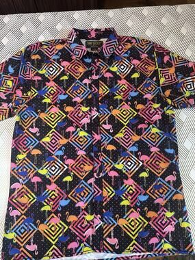 Surf Society Flamingo Shirt /Vibrant Print Against A Black Background Size XL